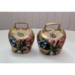 Vintage Collectible Brass Swiss Alpine Hand Painted Edelweiss Cow Bells Set Of 2